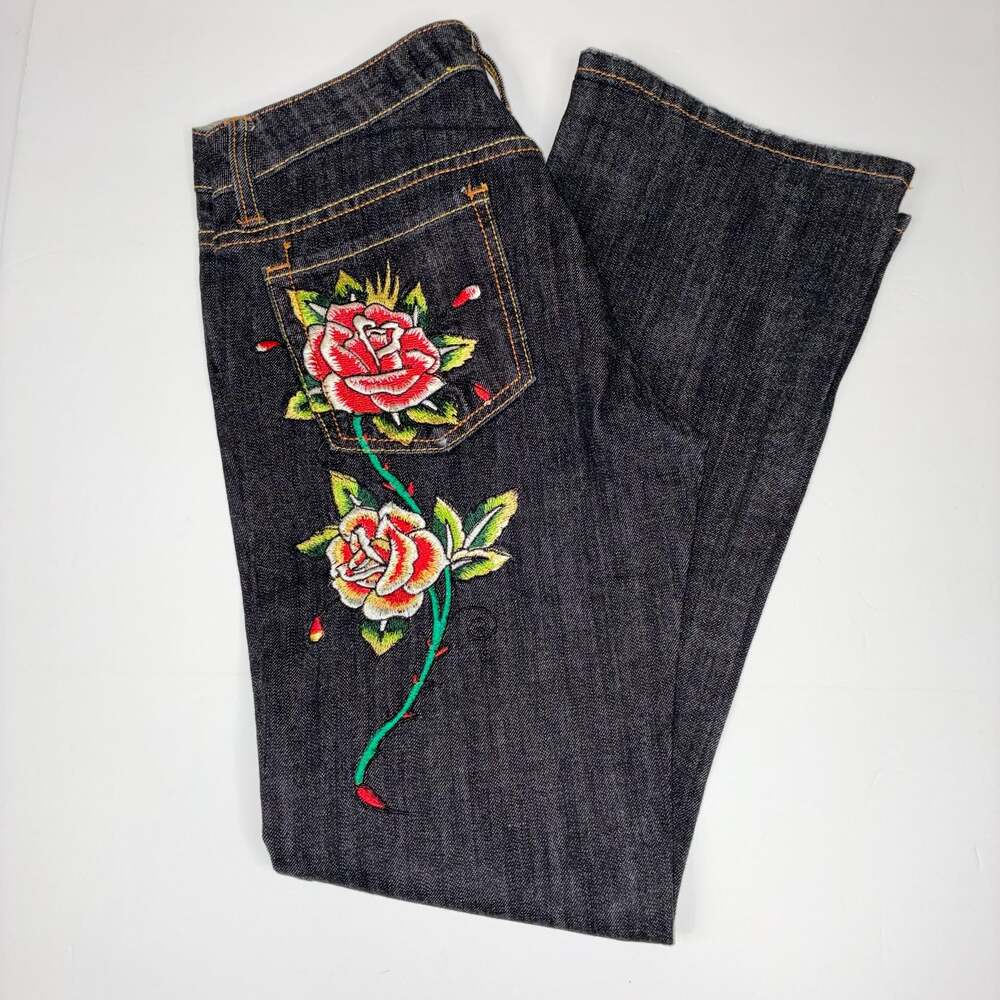 Ed Hardy Women by Christian Audigier Skull and Rose Embroidered Dark Wash Jeans